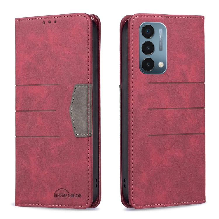 Red magnetic splicing leather phone case with flip cover and card pocket