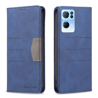 Blue magnetic leather phone case with card slot; phone cameras visible through cutout.