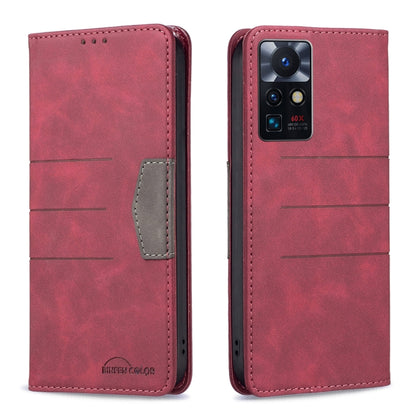 Magnetic leather folio phone case in red with front card slot and cutout camera panel
