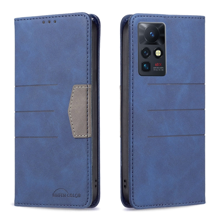 Magnetic leather folio phone case in blue with front card slot and cutout camera panel