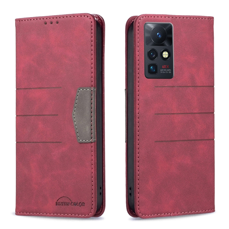 Magnetic leather folio phone case in red with front card slot and cutout camera panel