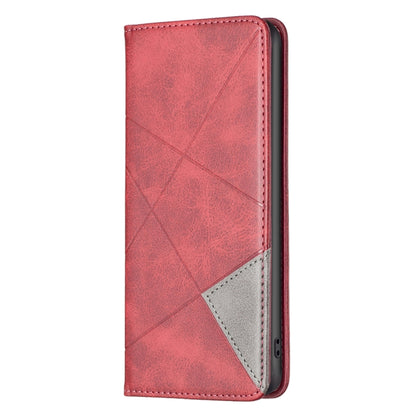 Red leather magnetic phone wallet case with geometric panel and magnetic closure