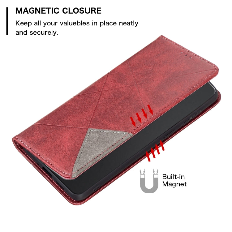 Red leather magnetic phone wallet case with front flap and built-in magnet detail