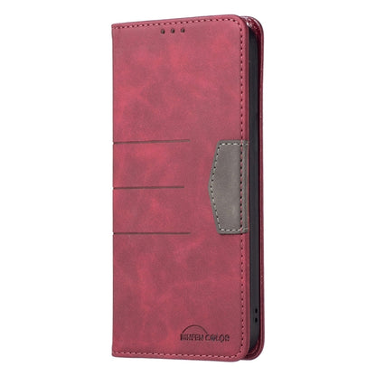 Red leather magnetic flip phone case, single front flap with side pocket