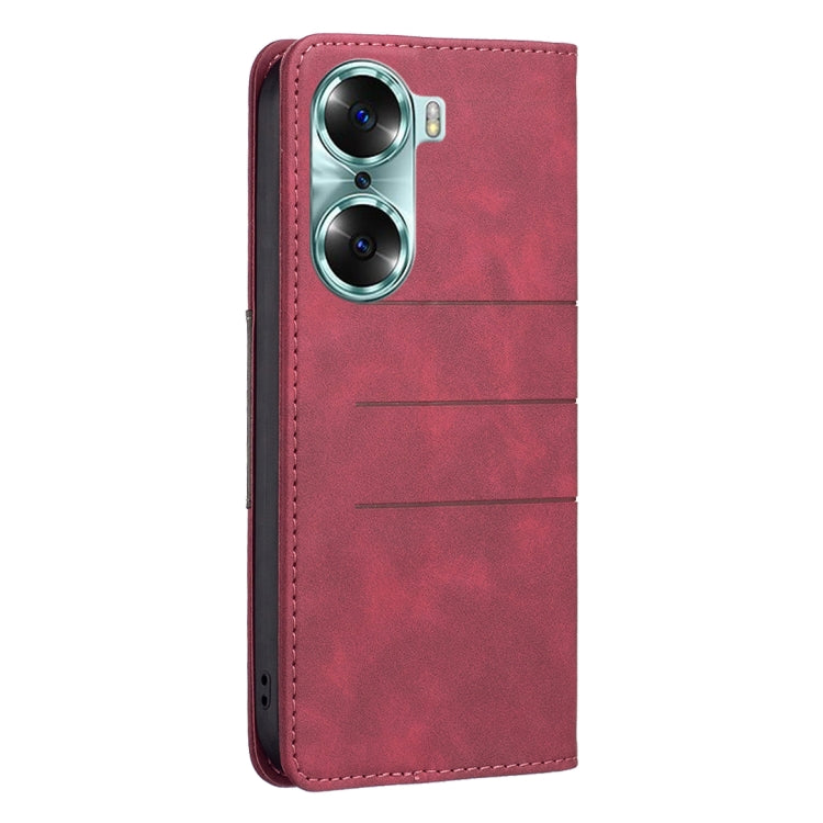 Red leather phone case with card slot and camera cutouts