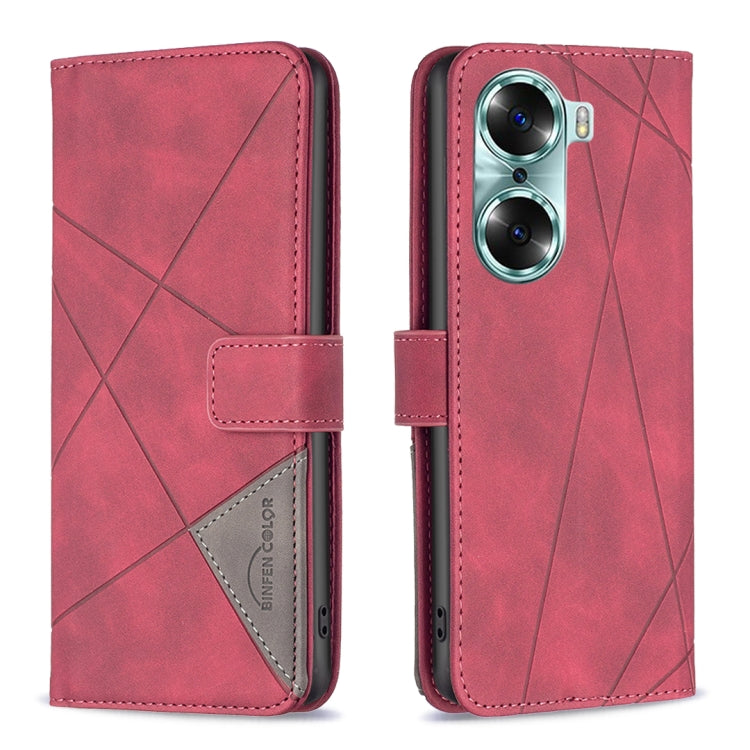 Red rhombus texture flip phone case with magnetic buckle and card slot, front and back