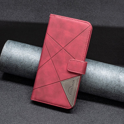 Red rhombus texture leather flip phone case with magnetic buckle, front angled view