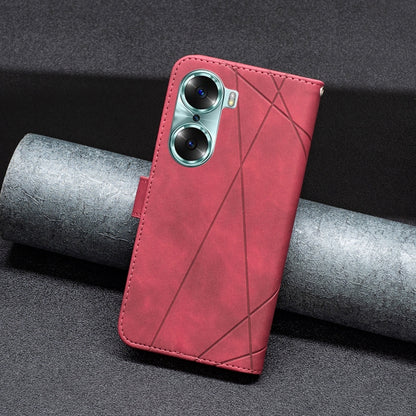 Red rhombus texture leather flip phone case with magnetic buckle, back angled view