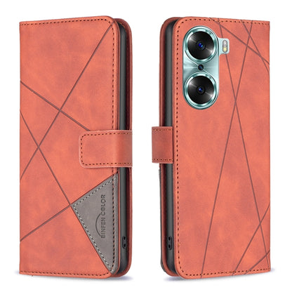 Orange rhombus texture flip phone case with magnetic buckle, front and back