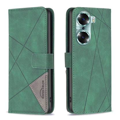 Green rhombus texture flip phone case with magnetic buckle, front and back