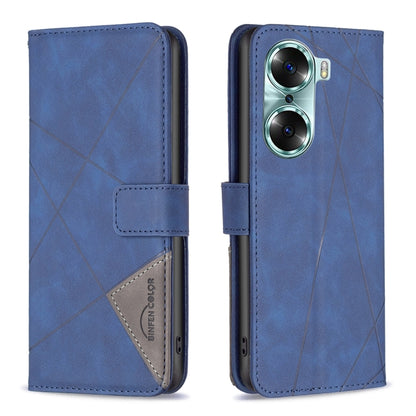 Blue rhombus texture flip phone case with magnetic buckle, front and back