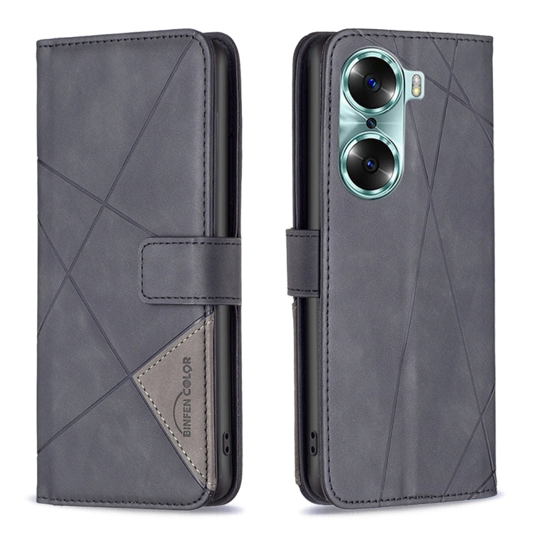Grey leather flip phone case with rhombus pattern, magnetic buckle closure, card holder slot