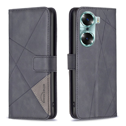 Grey leather flip phone case with rhombus pattern, magnetic buckle closure, card holder slot