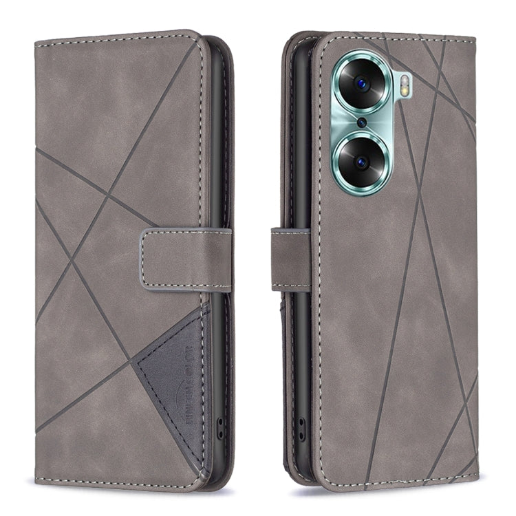 Grey leather flip phone case with rhombus texture, magnetic buckle, front wallet pocket