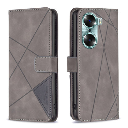 Grey leather flip phone case with rhombus texture, magnetic buckle, front wallet pocket