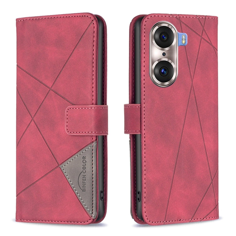 Red leather flip phone case with rhombus pattern, magnetic buckle, card slot on flap