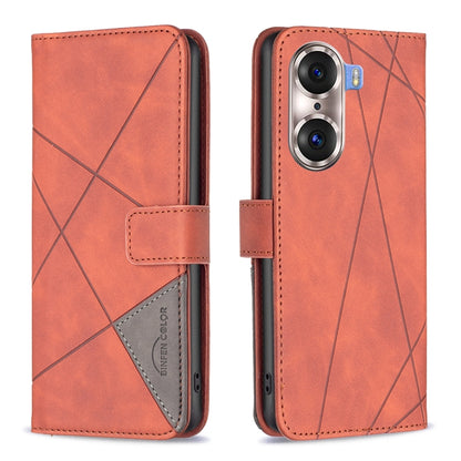 Orange leather flip phone case with rhombus texture, magnetic buckle, front card pocket