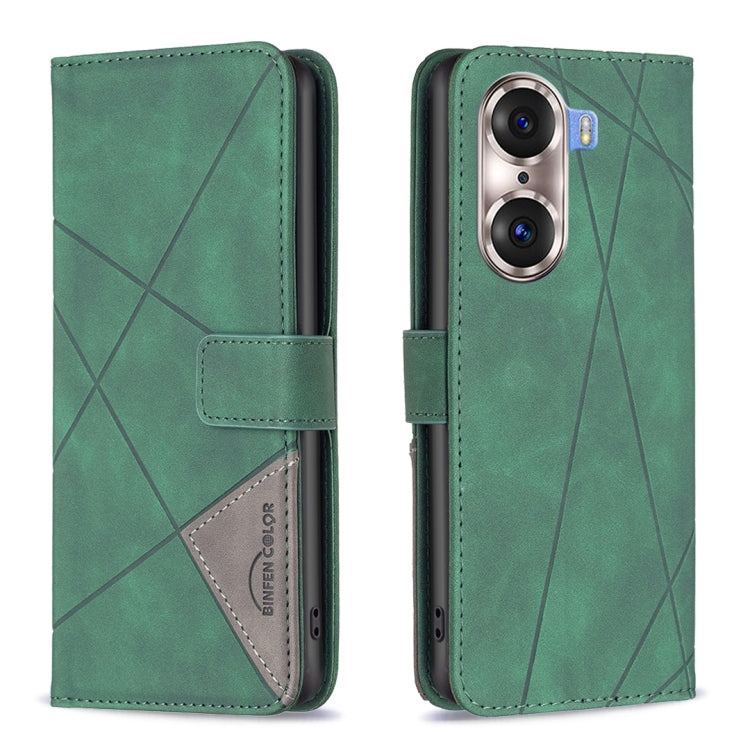 Green leather flip phone case with rhombus pattern, magnetic buckle, card holder window