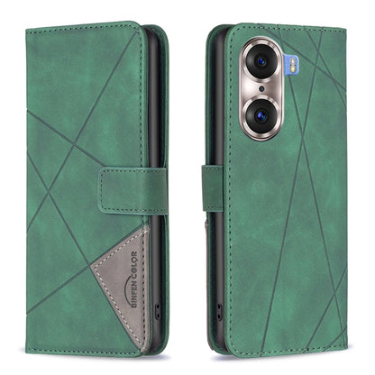 Green leather flip phone case with rhombus pattern, magnetic buckle, card holder window
