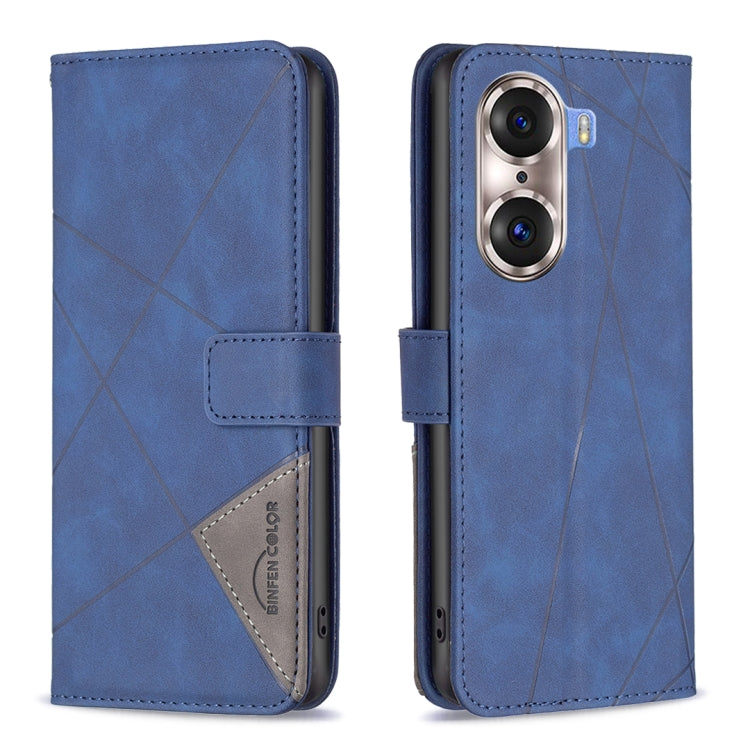 Blue leather flip phone case with rhombus texture, magnetic buckle, front wallet pocket