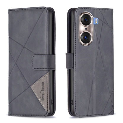 Dark grey leather flip phone case with rhombus design, magnetic buckle, built-in card slot