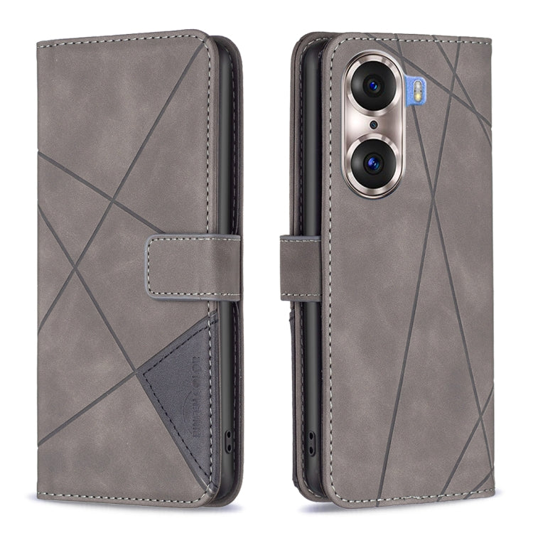 Grey leather flip phone case with rhombus texture, magnetic buckle, front wallet panel