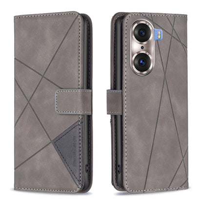 Grey leather flip phone case with rhombus texture, magnetic buckle, front wallet panel