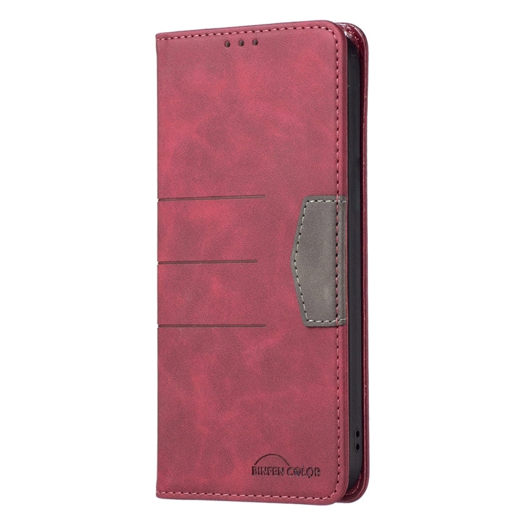 Red leather folio phone case with magnetic closure and side card holder window