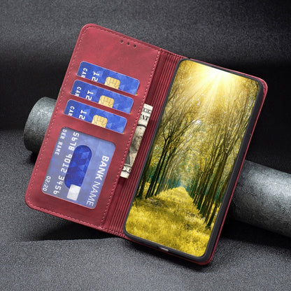 Red leather folio phone case open with card slots and phone screen