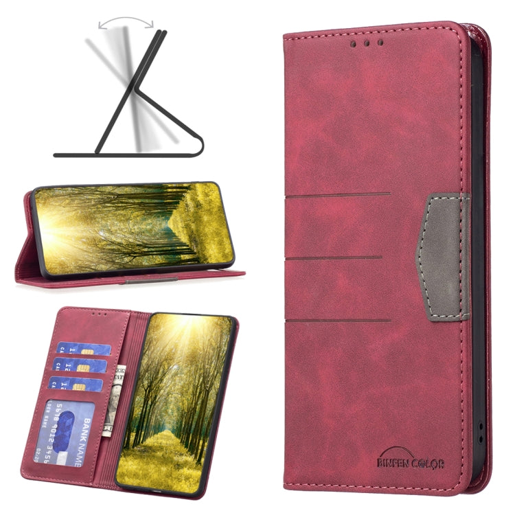 Red leather folio phone case with cards inside and stand-ready viewing