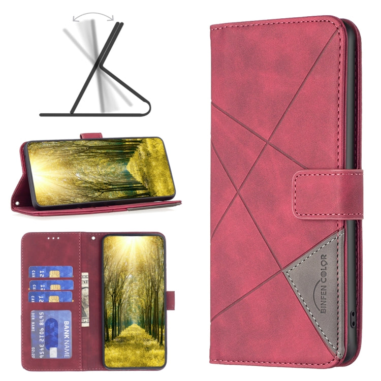 Red rhombus-texture flip leather phone case with magnetic buckle and card pocket.