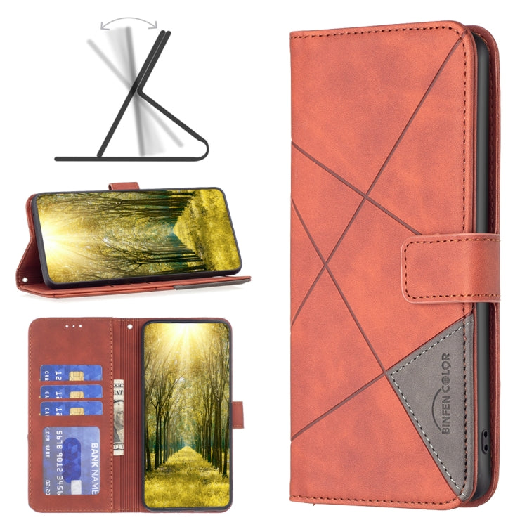 Orange rhombus-texture flip leather phone case with magnetic buckle and card pocket.