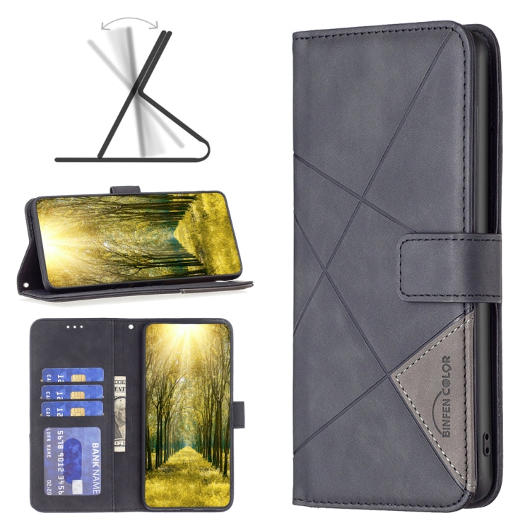 Dark gray rhombus-texture flip leather phone case with magnetic buckle and card pocket.