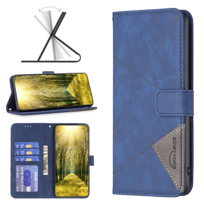 Blue rhombus-texture flip leather phone case with magnetic buckle and card pocket.