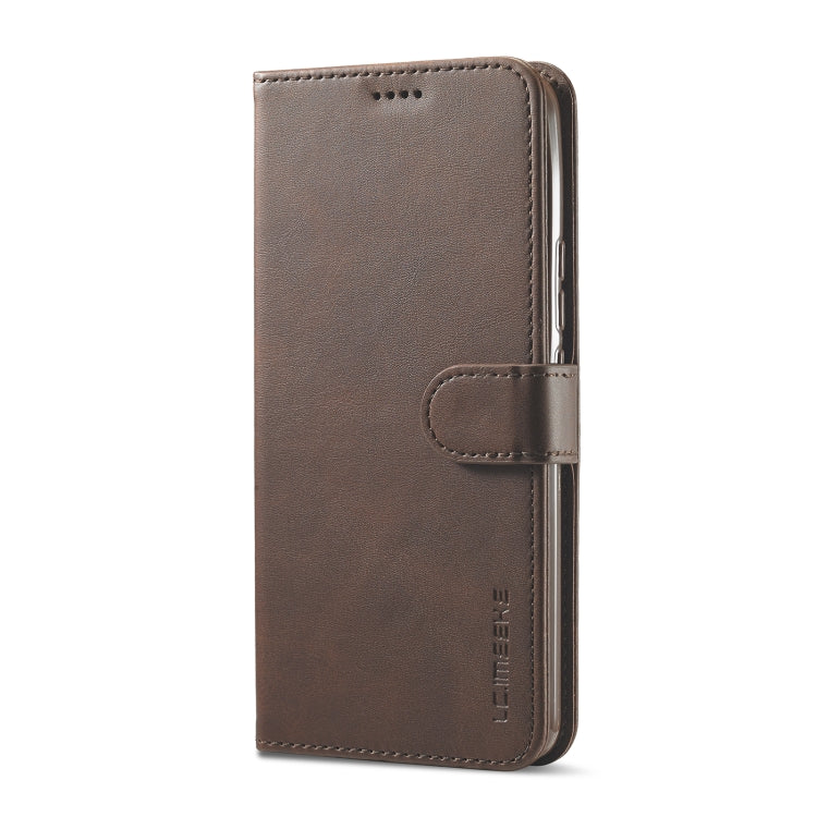 Coffee-brown leather flip phone case with side magnetic strap and card pocket