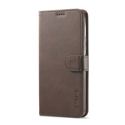 Coffee-brown leather flip phone case with side magnetic strap and card pocket