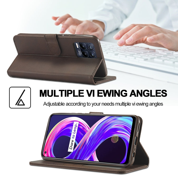 Coffee-brown leather folio phone case in stand mode with adjustable viewing angle