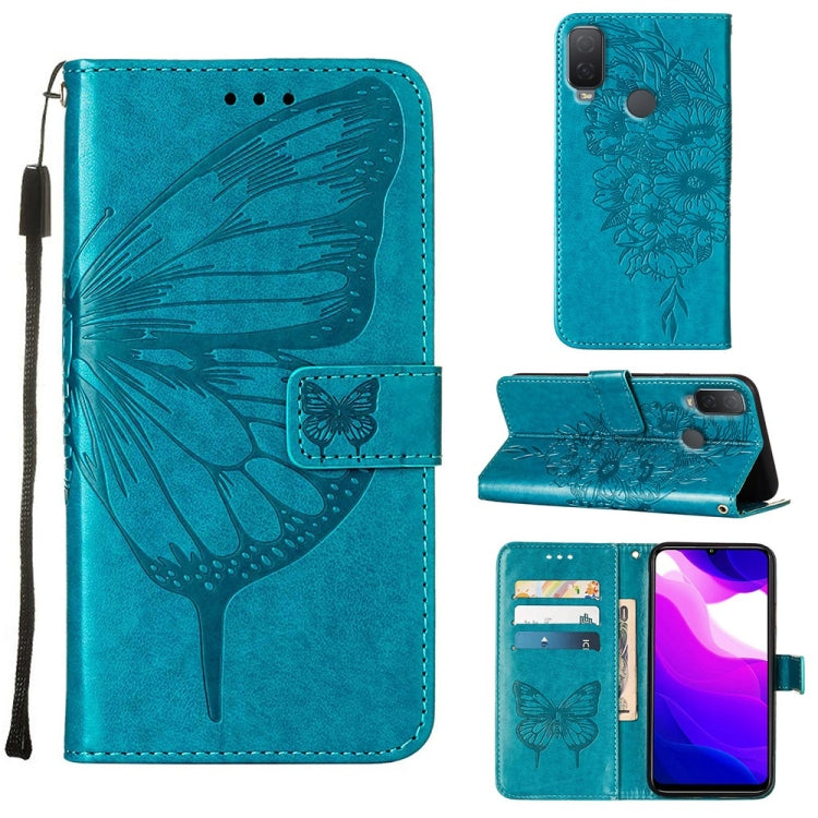 Blue-green embossed butterfly leather phone case with folio stand and card slots
