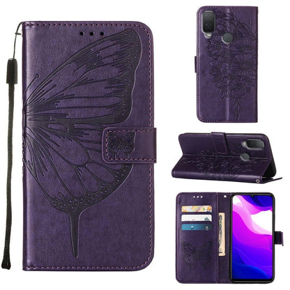 Leather phone case with embossed butterfly design, purple finish, magnetic stand and card slots