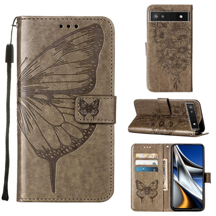 Grey butterfly embossed leather phone wallet case with flip cover and wrist strap