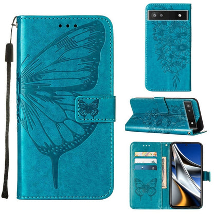 Leather phone case with embossed butterfly design, teal finish, magnetic stand, card slots