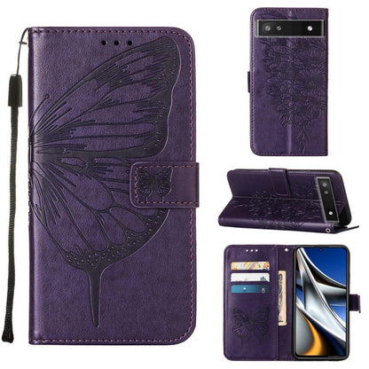 Leather phone case with embossed butterfly design, purple finish, front cover and side view