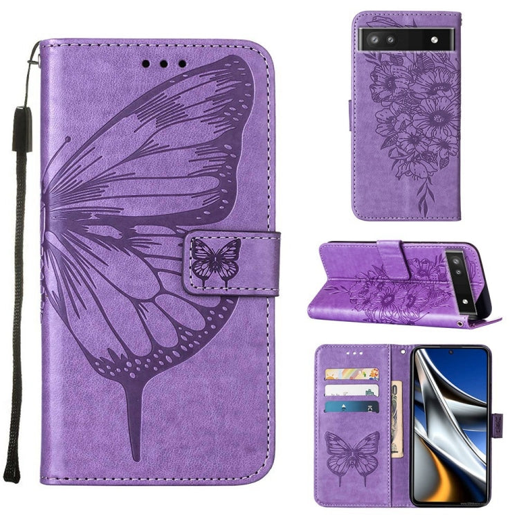 Purple butterfly embossed leather phone wallet case with flip cover, card slots, and strap