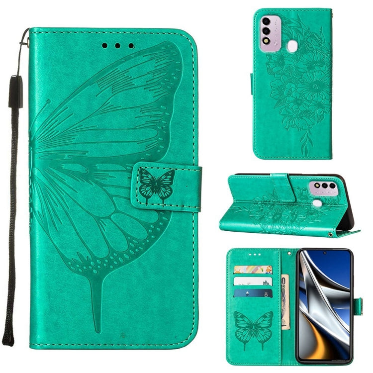 Teal green embossed butterfly leather phone case with folio stand and card slots