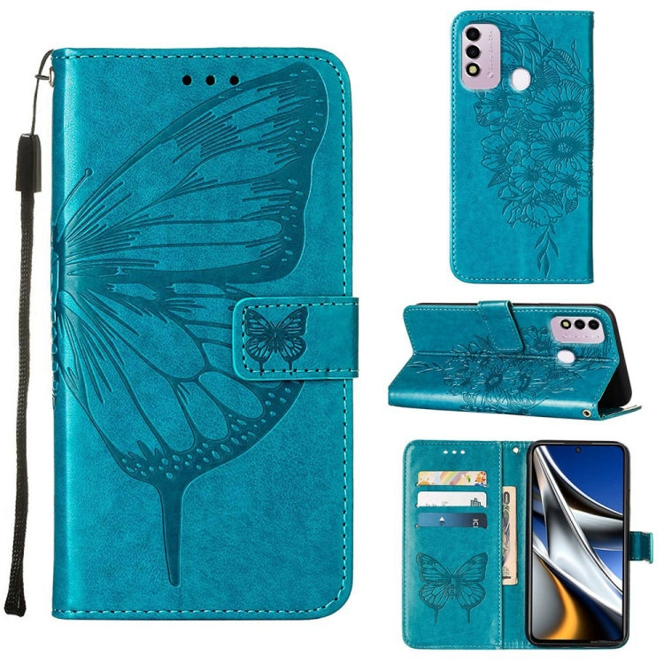 Leather phone case with embossed butterfly design, teal finish, visible phone camera cutouts