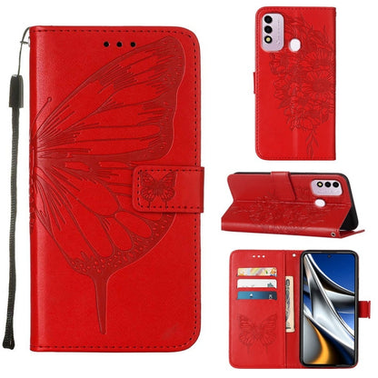 Leather phone case with embossed butterfly design, red finish, magnetic stand and card pocket