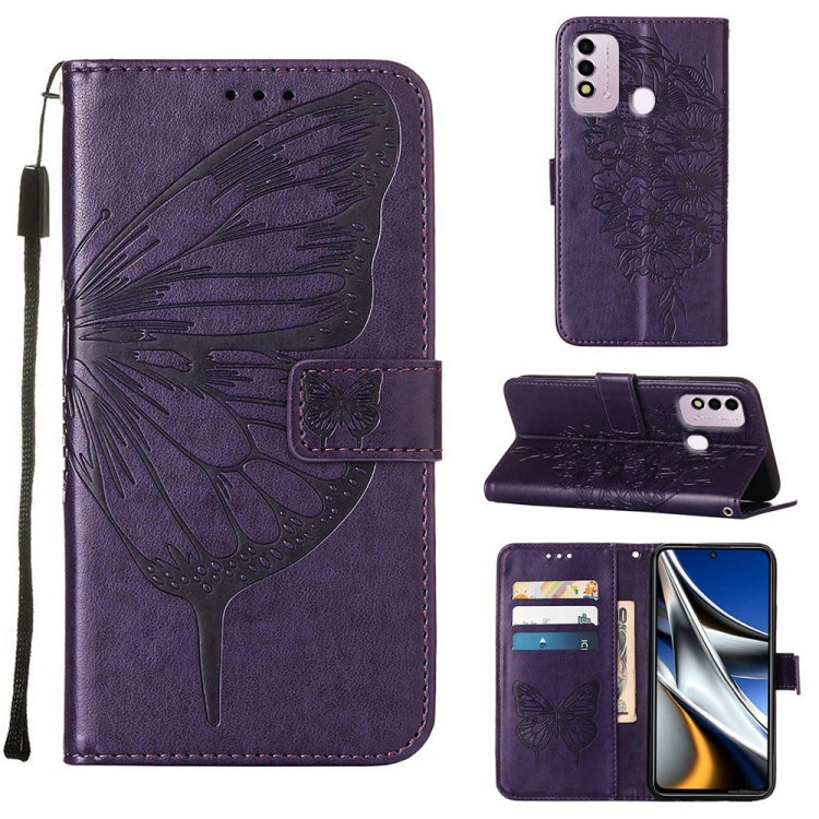 Purple embossed butterfly leather wallet phone case with card slots and stand