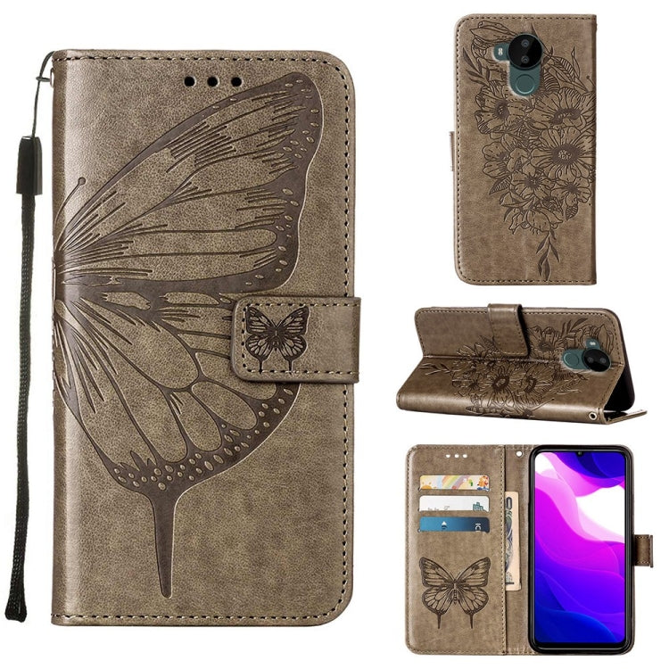Embossed butterfly leather phone case with folio stand and card holder, grey with strap