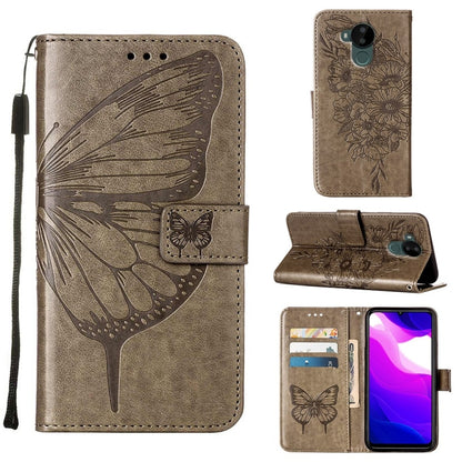 Embossed butterfly leather phone case with folio stand and card holder, grey with strap