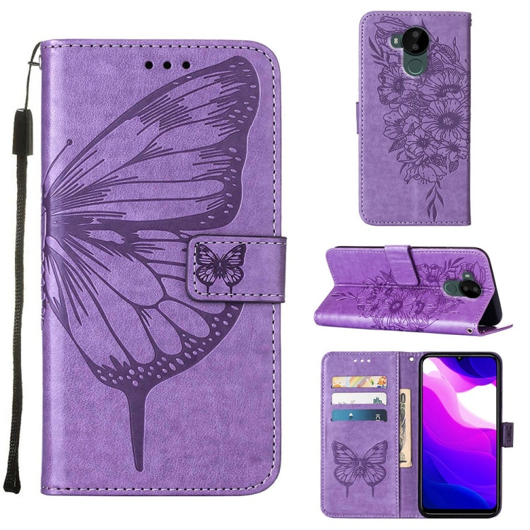 Embossed butterfly leather phone case with folio stand and card pocket, purple with strap